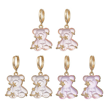 3 Pair 3 Color Resin Bear with Crystal Rhinestone Star Dangle Hoop Earrings, Real 14K Gold Plated Brass Jewelry for Women, Mixed Color, 40mm, Pin: 0.9mm, 1 Pair/color
