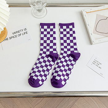 Polyester Knitting Socks, Tartan Pattern Crew Socks, Winter Warm Thermal Socks, Dark Orchid, 350x130x7mm