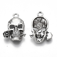 Tibetan Style Alloy Pendants, Cadmium Free & Lead Free, Skull with Rose, Antique Silver, 24x17x4.5mm, Hole: 2.5mm(X-TIBE-S320-054AS-LF)