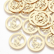 Brass Filigree Pendants, Hollow, Real 18K Gold Plated, Flat Round and Swan, Golden, 22.5x20x0.5mm, Hole: 1.4mm(KK-G378-07G)