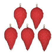 Electroplate Druzy Resin Big Pendants, with Iron Findings, Leaf, Light Gold, FireBrick, 56~57x27~28x3mm, Hole: 1.6mm(RESI-S366-22R)