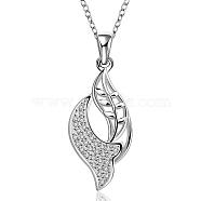 Silver Color Plated Brass Cubic Zirconia Leaf Pendant Necklaces, 18 inch(NJEW-BB08352-P)