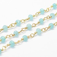 3.28 Feet Natural White Jade Beaded Chains, Handmade Chains, with Spool, Unwelded, Dyed, Faceted Rondelle, with Brass Findings, Golden, Turquoise, 4x3mm(X-CHC-G312-G02)
