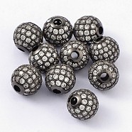 Brass Cubic Zirconia Beads, Round, Gunmetal, 10mm, Hole: 2mm(ZIRC-D003-2B)