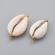 Cowrie Shell Links connectors, with Brass Findings, Golden, Seashell Color, 26~38x10~14x6~8mm, Hole: 1.5mm(X-PALLOY-JF00366)