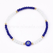 Faceted Glass Beaded Stretch Bracelets, with Evil Eye Lampwork Flat Round Beads and 304 Stainless Steel Beads, Golden, Colorful, Inner Diameter: 2-1/8 inch(5.5cm)(BJEW-JB05984-02)