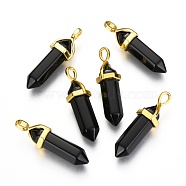 Natural Black Obsidian Bullet Double Terminated Pointed Pendants, with Golden Tone Random Alloy Pendant Hexagon Bead Cap Bails, 37~40x12.5x10mm, Hole: 3x4.5mm(X-G-G902-B25)