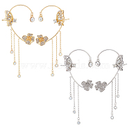 4Pcs 4 Style Butterfly & Flower Crystal Rhinestone Climber Wrap Around Earrings, Alloy Tassel Drop Cuff Earrings for Women, Platinum & Golden, 97mm, 1Pc/style(EJEW-AN0001-01)