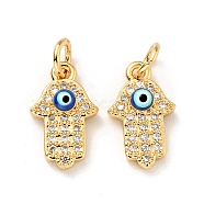 Eco-friendly Brass Micro Pave Clear Cubic Zirconia Pendants, with Enamel and Jump Ring, Cadmium Free & Lead Free, Hamsa Hand/Hand of Miriam with Evil Eye, Real 18K Gold Plated, 14x8.5x3mm, Hole: 3.2mm(KK-D080-33G)
