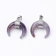 Natural Amethyst Pendants, with Brass Findings, Double Horn/Crescent Moon, Platinum, 22~23x19~20x9mm, Hole: 5x7mm(G-E425-05P)