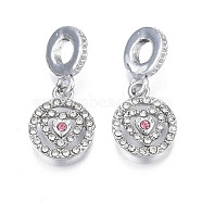 Rack Plating Alloy European Dangle Charms, with Crystal & Rose Rhinestone, Large Hole Pendants, Cadmium Free & Nickel Free & Lead Free, Flat Round with Heart, Platinum, 26.5mm, Hole: 5mm, Flat Round: 15x12x2.5mm(MPDL-N039-051)