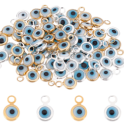 80Pcs 2 Colors Eco-Friendly Brass Enamel Charms, Long-Lasting Plated, Lead Free & Cadmium Free, Flat Round with Evil Eye, Golden & Silver, 7.5x5x2mm, Hole: 1.4mm, 40pcs/color(KK-FH0003-97)