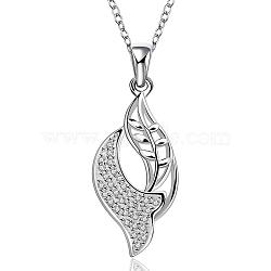 Silver Color Plated Brass Cubic Zirconia Leaf Pendant Necklaces, 18 inch(NJEW-BB08352-P)