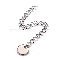304 Stainless Steel Chain Extender, Curb Chain, with 202 Stainless Steel Charms, Flat Round, Stainless Steel Color, 57~60mm, Link: 3.7x3x0.5mm, Flat Round: 7x1mm(STAS-F268-44P)