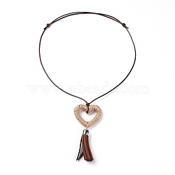 Korean Waxed Polyester Cord Pendants Necklaces, with ABS Plastic Covered with Jute Twine Linking Rings and Suede Tassels, Heart, Coconut Brown, 13.38 inch~26.9 inch(34~65.8cm), 1.4mm(NJEW-JN02328-03)