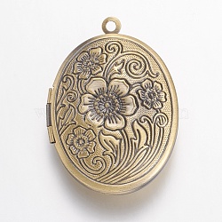 Brass Locket Pendants, Oval with Flower, Brushed Antique Bronze, 33x23.5x7mm, Hole: 1.5mm(X-KK-N0116-048AB)
