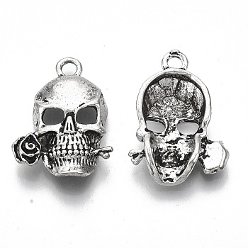 Tibetan Style Alloy Pendants, Cadmium Free & Lead Free, Skull with Rose, Antique Silver, 24x17x4.5mm, Hole: 2.5mm