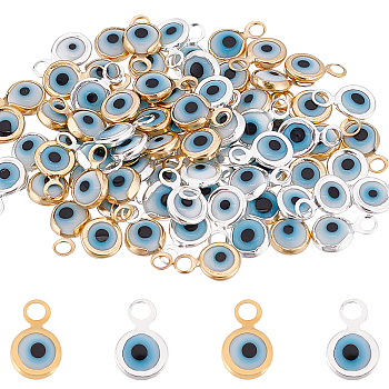 80Pcs 2 Colors Eco-Friendly Brass Enamel Charms, Long-Lasting Plated, Lead Free & Cadmium Free, Flat Round with Evil Eye, Golden & Silver, 7.5x5x2mm, Hole: 1.4mm, 40pcs/color