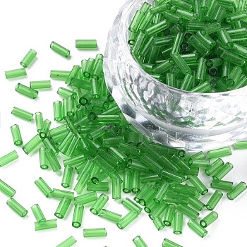 Transparent Glass Bugle Beads, Round Hole, Green, 3~8x2mm, Hole: 0.7mm, about 450g/pound