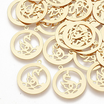 Brass Filigree Pendants, Hollow, Real 18K Gold Plated, Flat Round and Swan, Golden, 22.5x20x0.5mm, Hole: 1.4mm