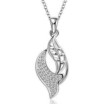 Silver Color Plated Brass Cubic Zirconia Leaf Pendant Necklaces, 18 inch
