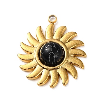 Synthetic Turquoise Dyed Sun Pendants, Golden Plated 304 Stainless Steel Sun Charms, 19.5x17x4.5mm, Hole: 1.6mm