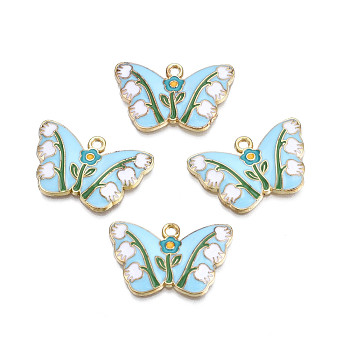Alloy Enamel Pendants, Cadmium Free & Nickel Free & Lead Free, Light Gold, Butterfly with Tulip, Light Sky Blue, 17.5x28x2.5mm, Hole: 1.8mm