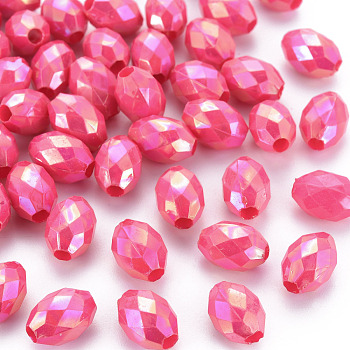 Opaque Acrylic Beads, Dyed, AB Color, Faceted, Oval, Cerise, 12x8mm, Hole: 2.5mm, about 1120pcs/500g
