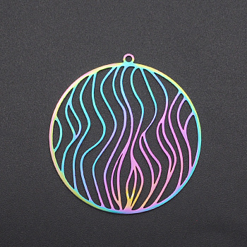 Ion Plating(IP) 201 Stainless Steel Pendants, Flat Round, Laser Cut, Rainbow Color, 39x37x1mm, Hole: 1.6mm