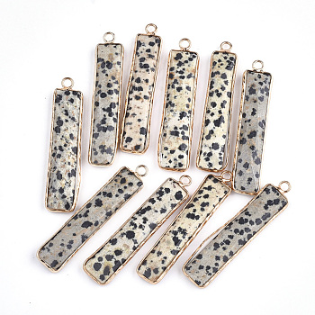 Natural Dalmatian Jasper Pendants, with Brass Findings, Faceted, Rectangle, Golden, 46.5x10x5mm, Hole: 2mm