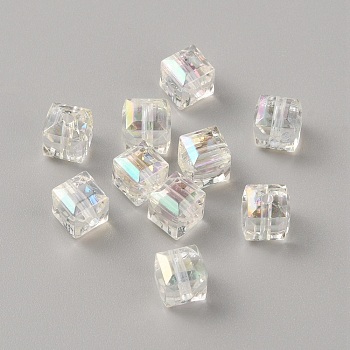 Transparent Acrylic Beads, AB Color Plated, Faceted Cube, Clear AB, 8x8x8mm, Hole: 1.6mm