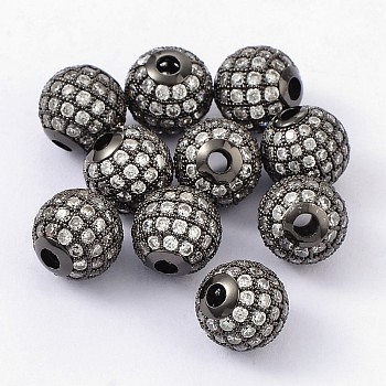 Brass Cubic Zirconia Beads, Round, Gunmetal, 10mm, Hole: 2mm