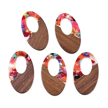 Transparent Resin and Walnut Wood Pendants, Hollow Oval Charms with Gold Foil, Colorful, 49.5x28x4mm, Hole: 2mm, 