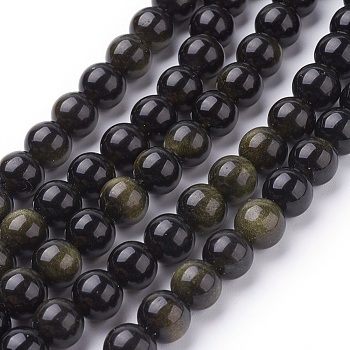 Natural Golden Sheen Obsidian Beads Strands, Round, 8mm, Hole: 1mm, 24pcs/strand, 8 inch