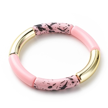 Acrylic Curved Tube Beaded Stretch Bracelet for Women, Pink, Inner Diameter: 2-1/8 inch(5.3cm)