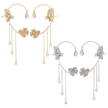 4Pcs 4 Style Butterfly & Flower Crystal Rhinestone Climber Wrap Around Earrings, Alloy Tassel Drop Cuff Earrings for Women, Platinum & Golden, 97mm, 1Pc/style