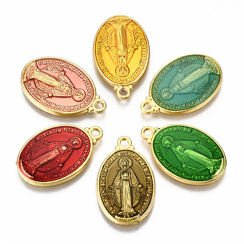 Brass Enamel Pendants, Long-Lasting Plated, Oval with Saint, Golden, Mixed Color, 19.5x12x2mm, Hole: 1.5mm