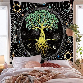 Polyester Tree of Life Pattern Trippy Wall Hanging Tapestry, Sun Moon Hippie Tapestry for Bedroom Living Room Decoration, Rectangle, Lime Green, 1500x1300mm