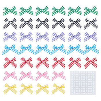 140Pcs 7 Colors Handmade Woven Costume Accessories, Tartan Pattern Ribbon Bowknot, with 2 Sheets Paper Stickers, Mixed Color, Bowknot: 30x25x3mm, 20pcs/color