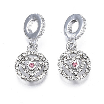 Rack Plating Alloy European Dangle Charms, with Crystal & Rose Rhinestone, Large Hole Pendants, Cadmium Free & Nickel Free & Lead Free, Flat Round with Heart, Platinum, 26.5mm, Hole: 5mm, Flat Round: 15x12x2.5mm