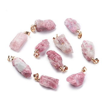 Natural Red Tourmaline Pendants, Rough Raw Stone, with Brass Bails, Grade AAA, Long-Lasting Plated, Nuggets, Golden, 19~29.5x12.5~23x5.3~9.5mm, Hole: 3.9x3.7mm