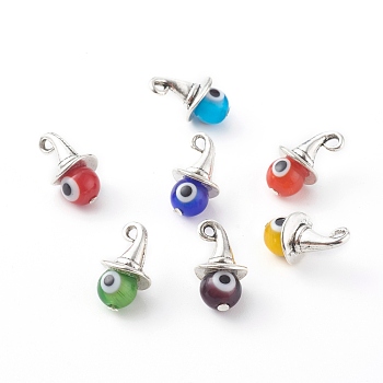 Alloy Pendants, with Handmade Evil Eye Lampwork Round Bead and Tibetan Style Alloy Charms, Witch Hat, Colorful, 19x11x11mm, Hole: 2mm, 7pcs/set