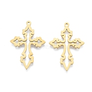 Ion Plating(IP) 201 Stainless Steel Pendant,  Hollow Charms, Cross, Real 18K Gold Plated, 33x23x1.5mm, Hole: 1.4mm(STAS-B027-15G)