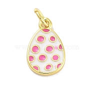 Rack Plating Brass Enamel Charms, with Jump Ring, Long-Lasting Plated, Cadmium Free & Lead Free, Teardrop with Polka Dot Charm, Real 18K Gold Plated, Hot Pink, 14x9x1.5mm, Hole: 3mm(KK-M293-34G-01)