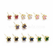 Cubic Zirconia Star Stud Earrings, Real 18K Gold Plated Brass Jewelry for Women, Cadmium Free & Lead Free, Mixed Color, 9x9.5mm, Pin: 0.6mm(EJEW-G288-20G)