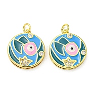 Real 18K Gold Plated Brass Pendants, with Cubic Zirconia and Enamel, Flat Round with Evil Eye Charms, Deep Sky Blue, 21x18.5x4mm, Hole: 3.5mm(KK-L209-009G-05)