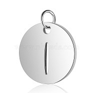 304 Stainless Steel Charms, Flat Round with Letter, Stainless Steel Color, Letter.I, 12x1mm, Hole: 2.5mm(STAS-S105-T514S-I)