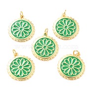 Real 18K Gold Plated Brass Pendants, with Enamel, Long-Lasting Plated, Flat Round with Flower, Green, 22.5x19.5x2mm, Jump Ring: 5x1mm, 3mm Inner Diameter(KK-L206-013G-06)