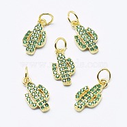 Brass Micro Pave Cubic Zirconia Charms, Cadmium Free & Nickel Free & Lead Free, Cactus, Green, Golden, 14x7.5x2mm, Hole: 3mm(ZIRC-G130-26G-02-NR)