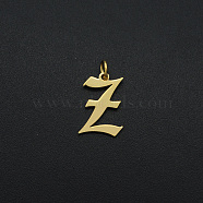 201 Stainless Steel Pendants, with Jump Ring, Old English, Letter, Laser Cut, Golden, Letter.Z, 16x11x1mm, Hole: 3mm(A-STAS-R111-JA566-Z)